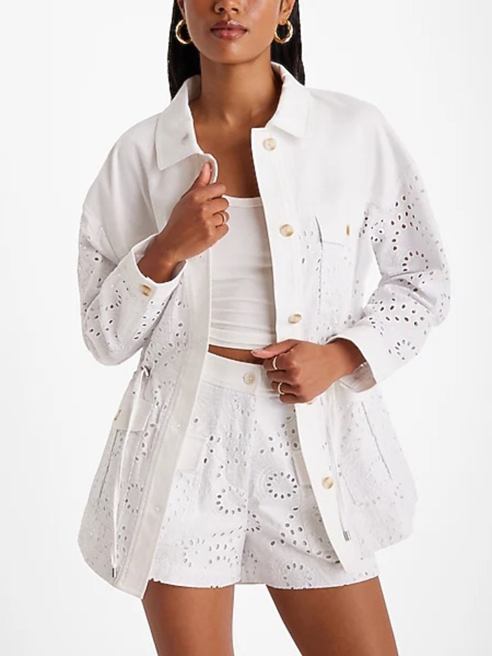 Express Ivory White Eyelet Embroidered Cinched Utility Jacket Cotton S NWT Boho